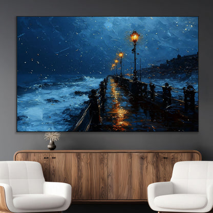 "Impressionistic painting of a rainy pier at night with glowing street lamps reflecting on the wet surface, ocean waves crashing under a dark blue sky."