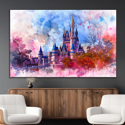 Watercolor canvas of a dreamy Disney-style castle in pastel pink and blue tones, perfect for fairytale or whimsical home decor.
