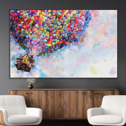 Whimsical canvas of the house from the movie Up flying with colorful balloons, ideal for Pixar or animation-themed decor.