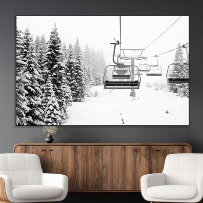 Black and white canvas of empty ski lifts over a snowy pine forest, perfect for minimal winter or ski lodge-inspired decor.