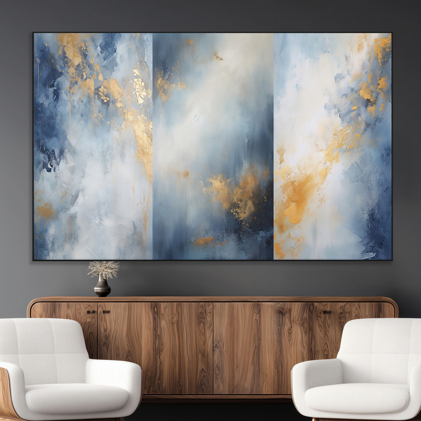 Abstract canvas art in soft blue and gold tones with textured brushstrokes, ideal for elegant or modern neutral decor spaces.