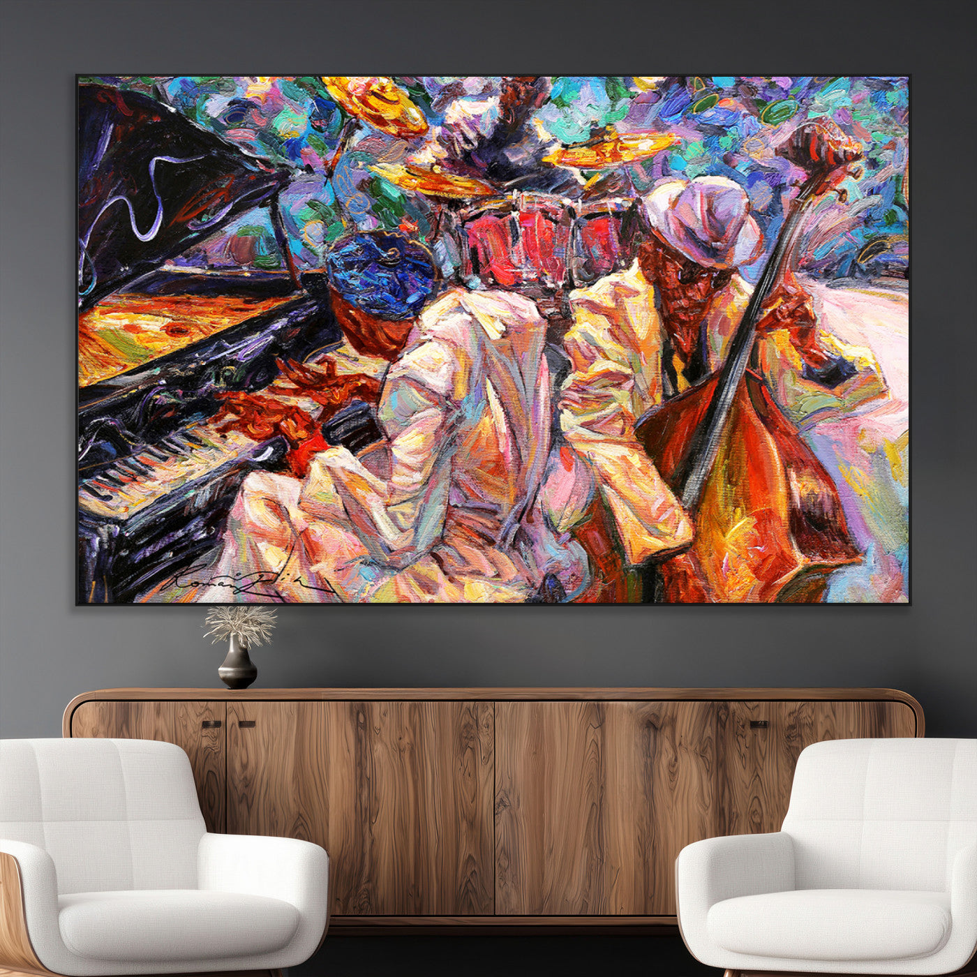 Vibrant oil painting of a jazz band with piano, saxophone, and bass, ideal for colorful and expressive music-themed home decor.