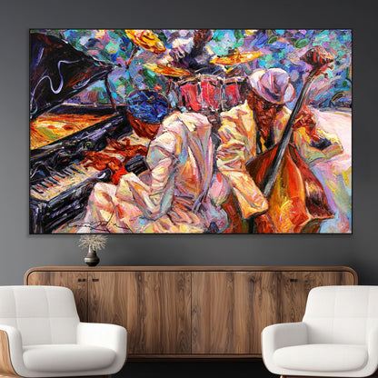 Vibrant oil painting of a jazz band with piano, saxophone, and bass, ideal for colorful and expressive music-themed home decor.