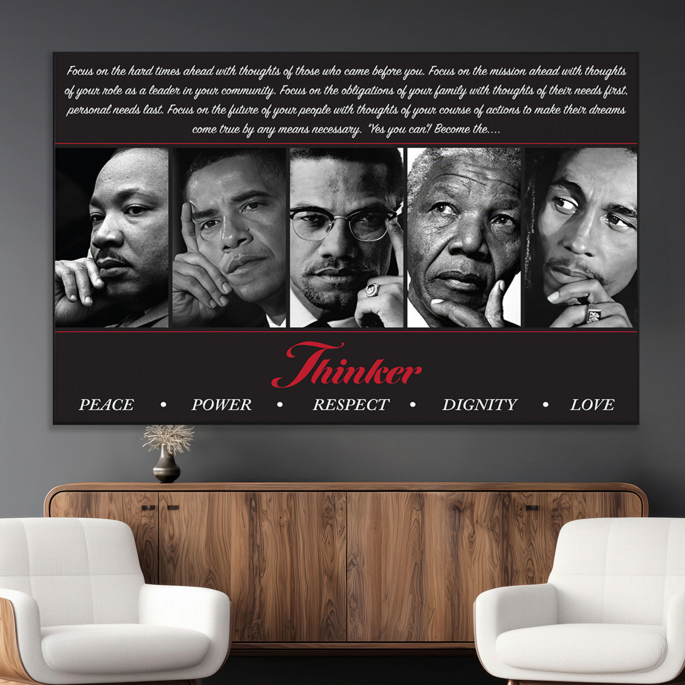 Monochrome canvas of iconic Black leaders with a powerful quote, perfect for modern spaces with a cultural or motivational theme.