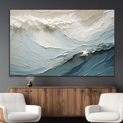 Textured canvas of ocean waves in soft coastal blues and creamy whites, ideal for modern or minimalist coastal-style interiors.