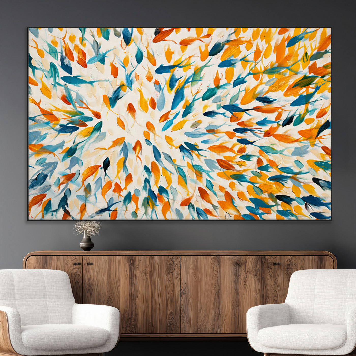 Vibrant abstract canvas of swirling blue and orange fish-like forms, perfect for coastal or playful marine-themed home decor.