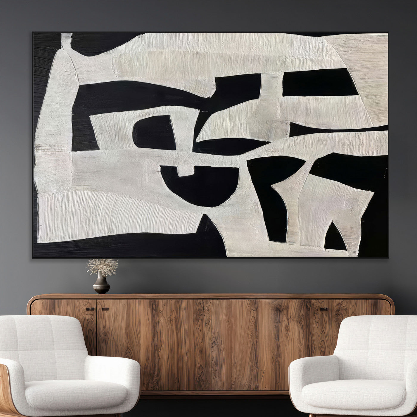 Minimalist black and white canvas featuring bold abstract textures and geometric shapes, ideal for modern neutral decor.