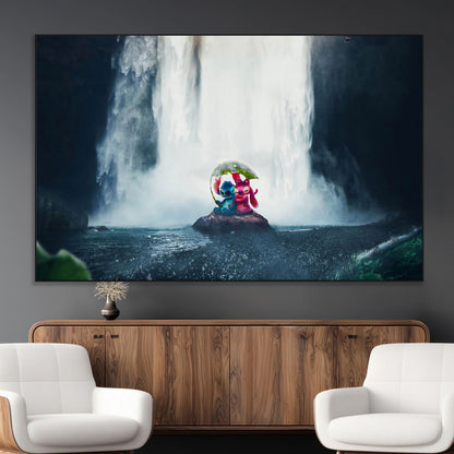 Fantasy canvas of Stitch and Angel under a leaf umbrella in front of a dramatic waterfall, perfect for moody jungle-themed or animated decor.