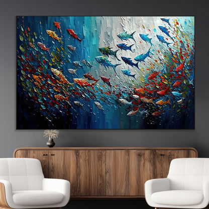 Colorful painting of fish swimming in abstract ocean swirls, perfect for vibrant marine-themed or expressive coastal home decor.