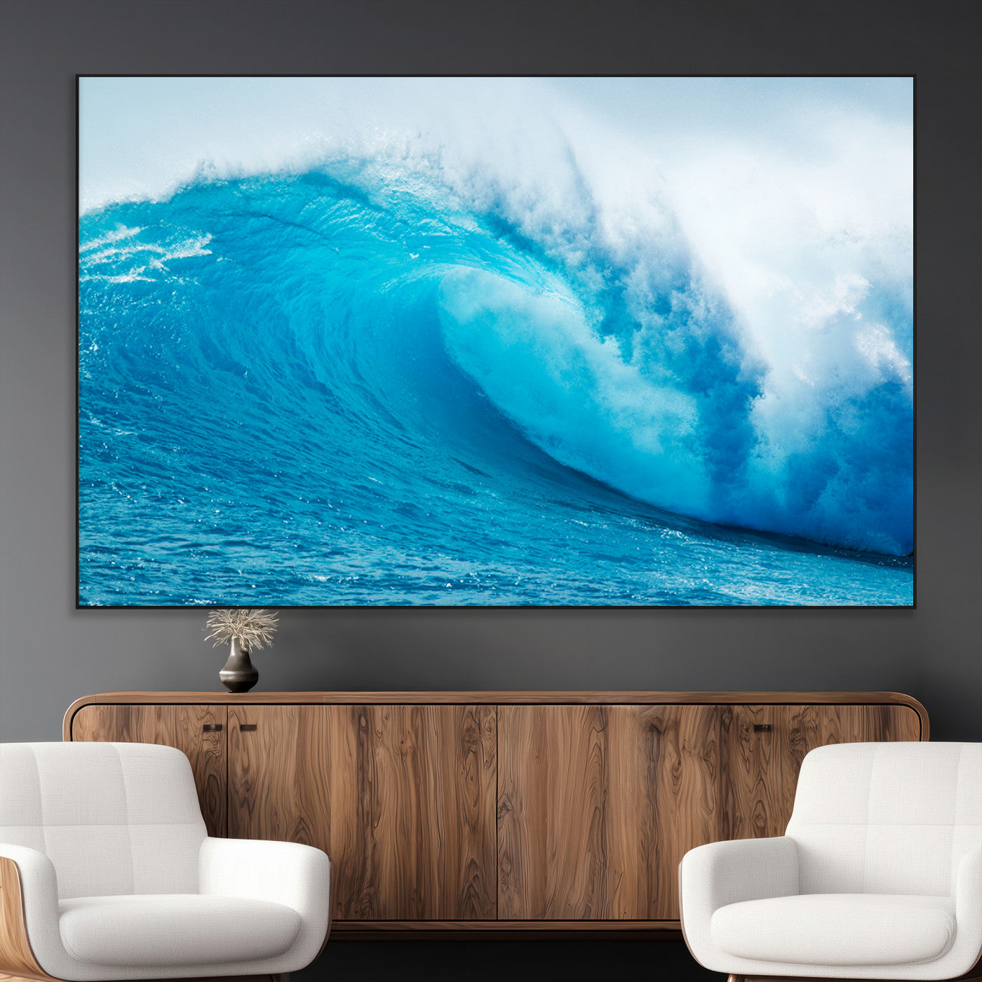 Vibrant canvas of a powerful curling ocean wave in tropical blue tones, perfect for coastal or surf-inspired decor settings.