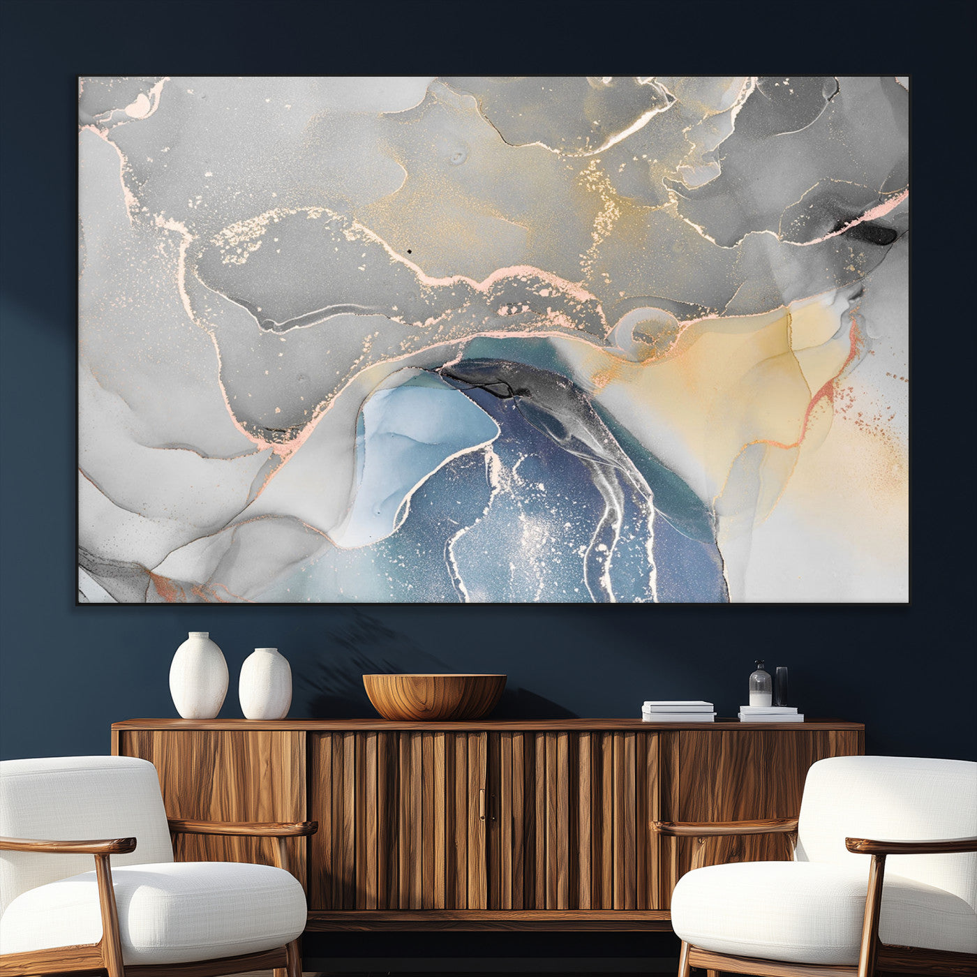 63211-SEG-FC-51X34_Oversize_Oversize-Abstract Fluid Art Wall Decor – Blue, Gray & Gold Canvas Print, Modern Home and Office Wall Art Decor for Living Room, Bedroom or Workspace