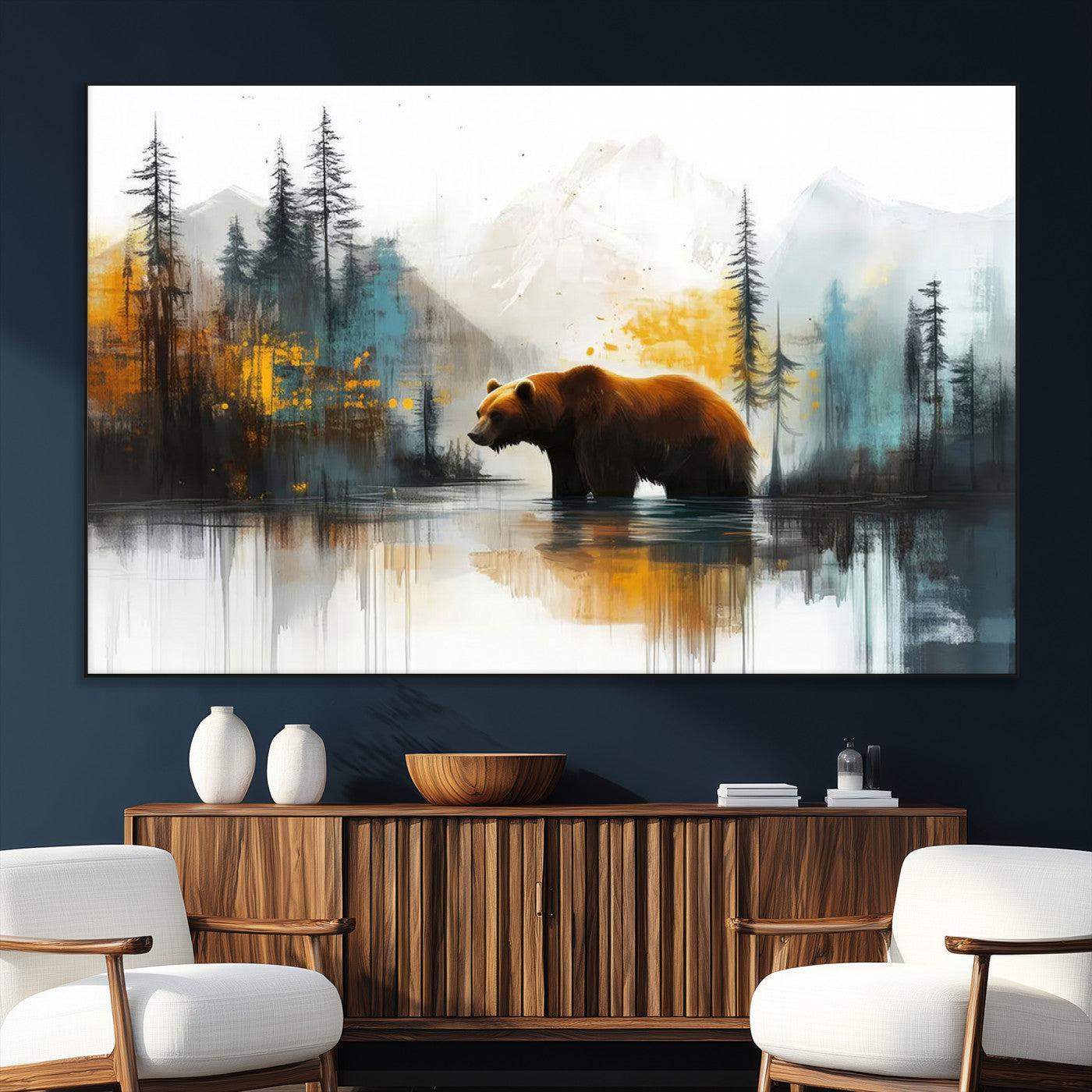 A majestic bear stands by the serene waters of a misty forest, surrounded by towering trees and distant mountains, evoking the raw beauty and wild spirit of nature.