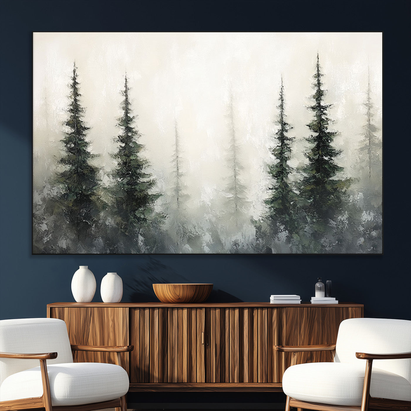 Soft and misty pine forest painting in neutral earthy tones, ideal for calm woodland or minimalist rustic home decor.