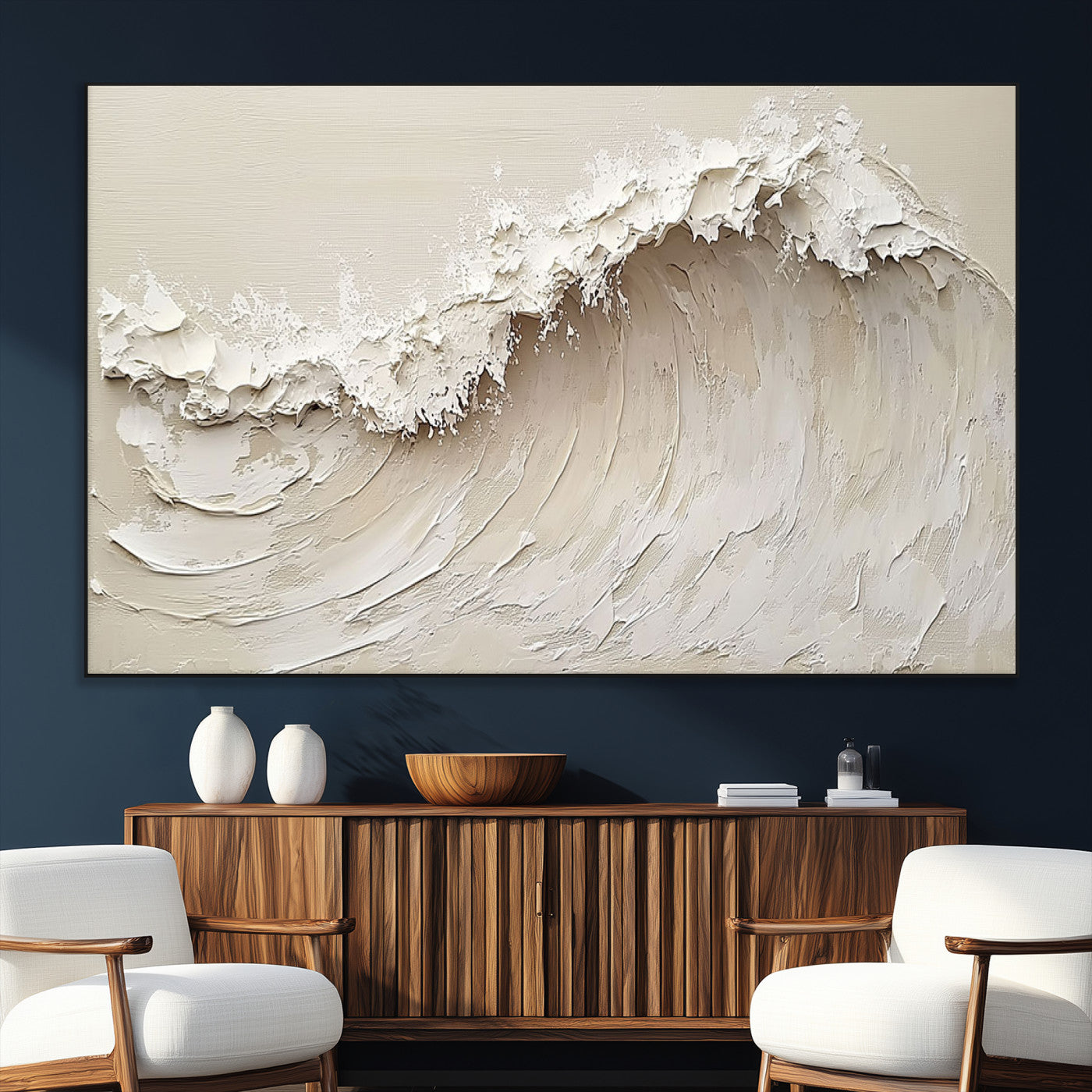 Textured canvas of an abstract white ocean wave in neutral tones, ideal for modern coastal or minimalist home decor.