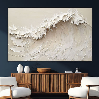 Textured canvas of an abstract white ocean wave in neutral tones, ideal for modern coastal or minimalist home decor.