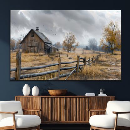 A tranquil rural scene featuring a rustic barn, overcast skies, and golden fields with scattered trees, evoking a sense of peaceful solitude in nature.