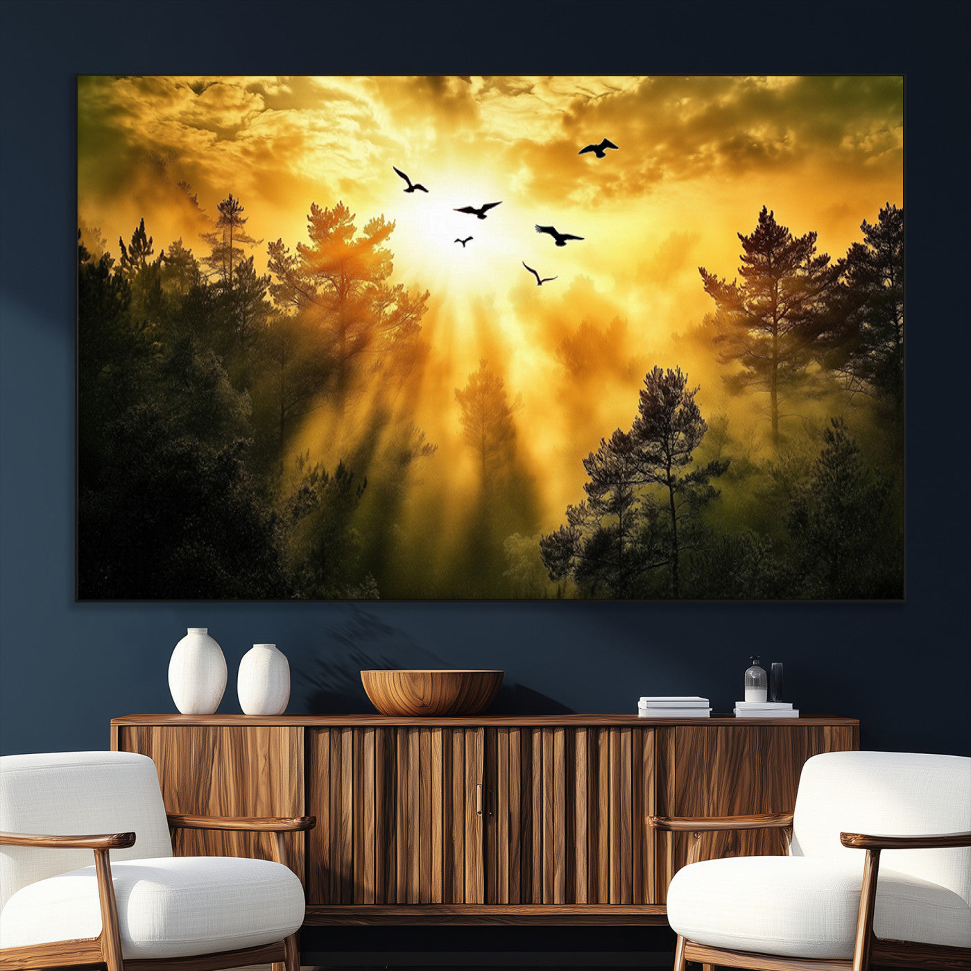 Canvas of a golden forest at sunset with birds flying through glowing sunbeams and silhouetted pine trees, ideal for warm-toned rustic decor.