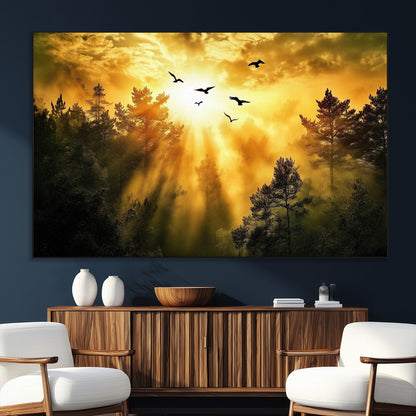 Canvas of a golden forest at sunset with birds flying through glowing sunbeams and silhouetted pine trees, ideal for warm-toned rustic decor.