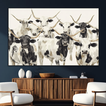 Canvas of a Texas Longhorn cattle herd in neutral black and white tones, ideal for rustic farmhouse or western-themed decor.