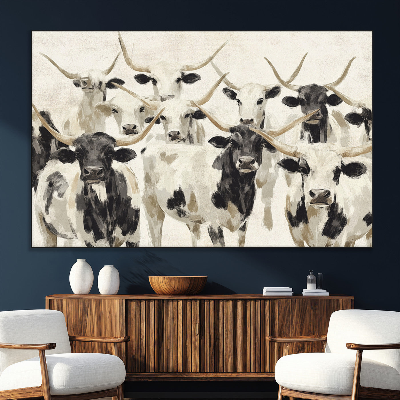 Canvas of a Texas Longhorn cattle herd in neutral black and white tones, ideal for rustic farmhouse or western-themed decor.
