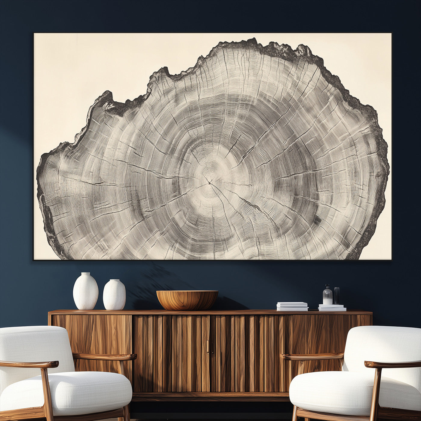Detailed tree ring drawing in monochrome tones, ideal for rustic or nature-inspired interiors with a minimal decor aesthetic.