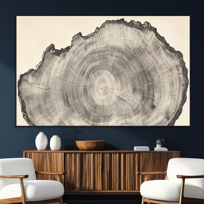 Detailed tree ring drawing in monochrome tones, ideal for rustic or nature-inspired interiors with a minimal decor aesthetic.