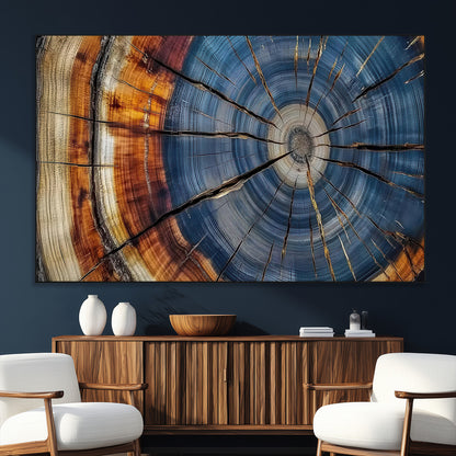 A stunning close-up view of a tree trunk, showcasing the intricate growth rings in a vibrant mix of warm browns, cool blues, and hints of natural texture.
