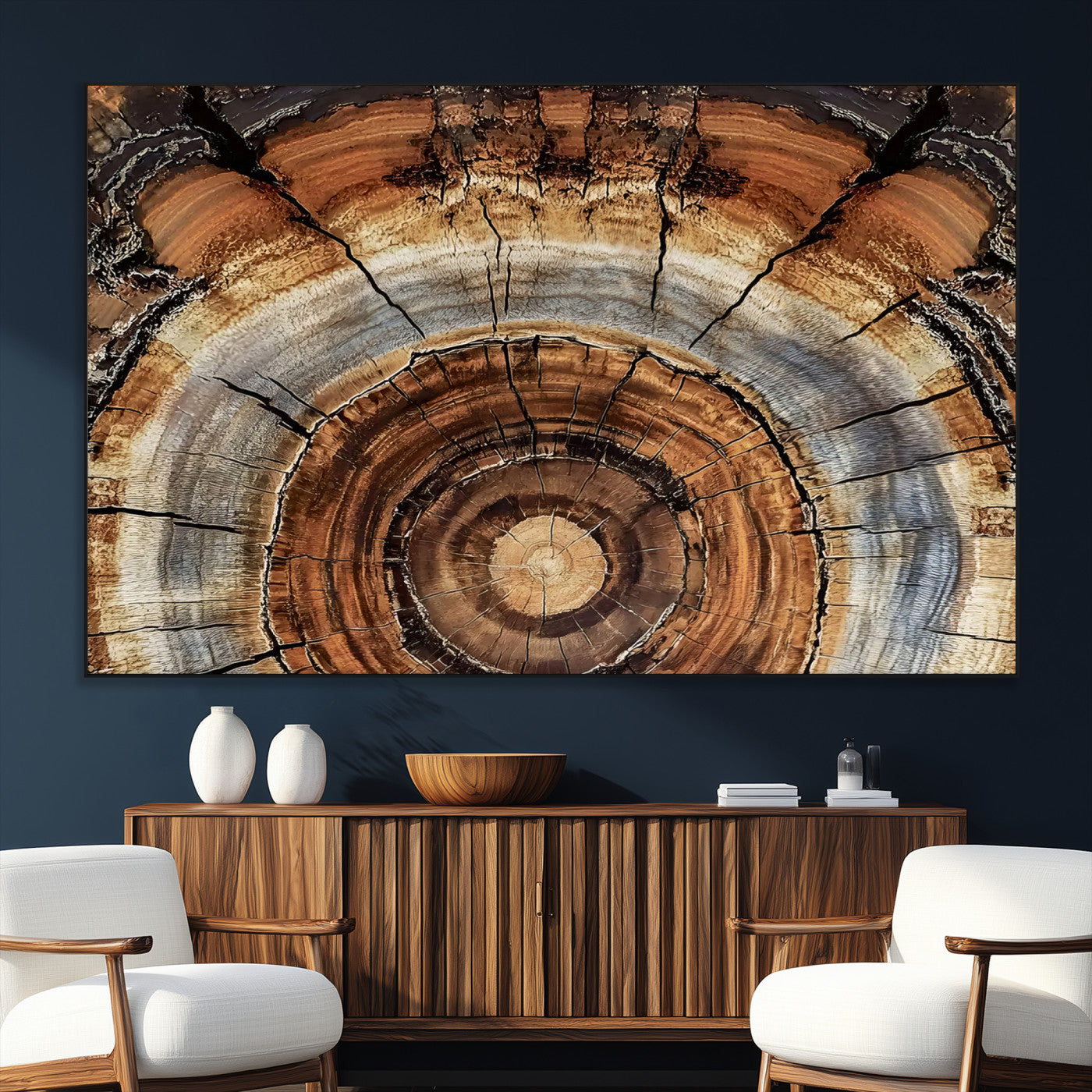 Canvas of tree rings and natural wood grain in earthy tones, ideal for rustic or vintage-inspired home decor with organic textures.