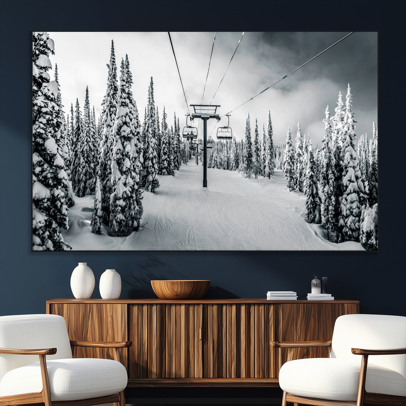 Canvas of a snowy ski lift scene through a forest of tall pine trees, ideal for moody winter or alpine-themed home decor.