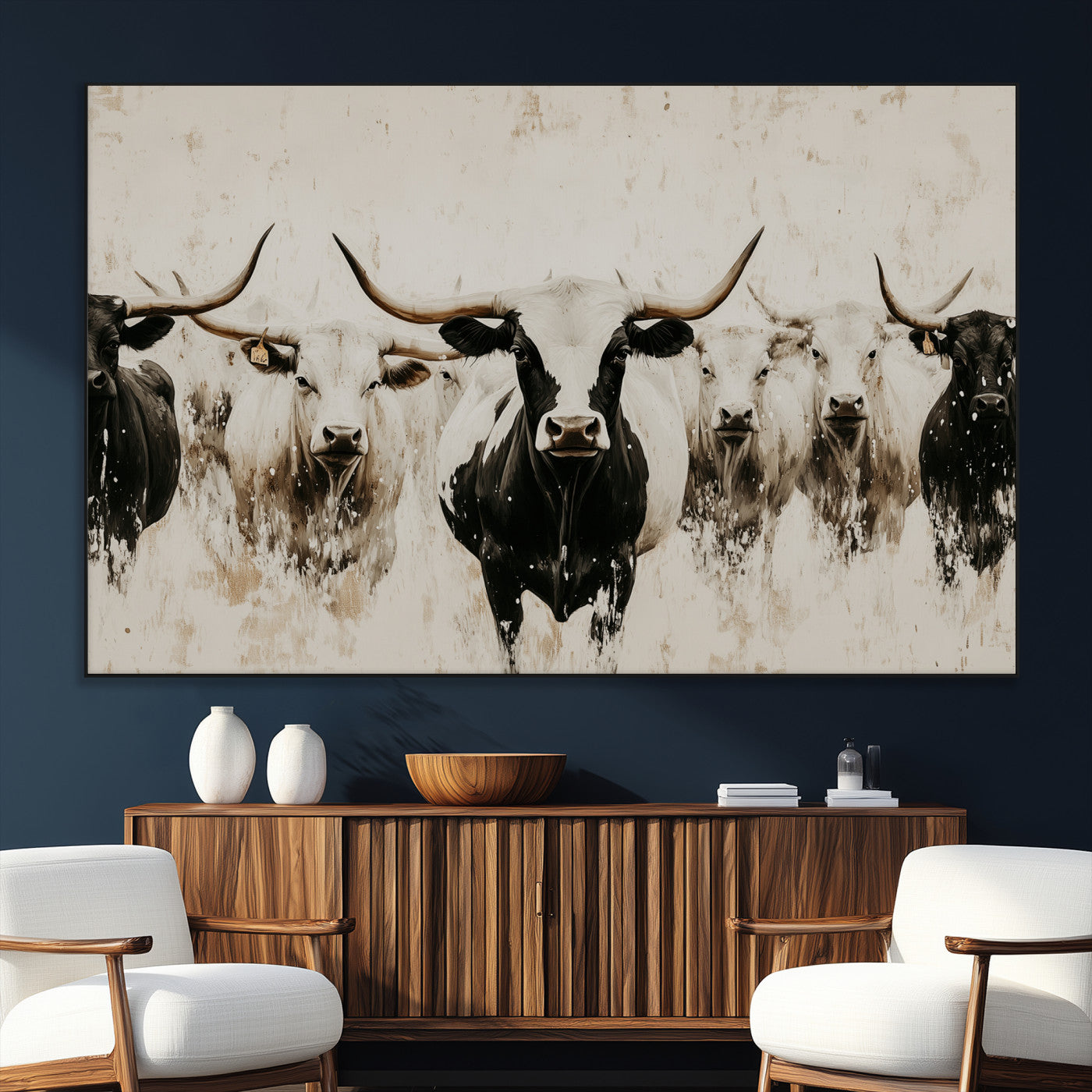 Illustrated herd of longhorn cattle in black and white tones with a neutral textured background, perfect for rustic or farmhouse-style decor.