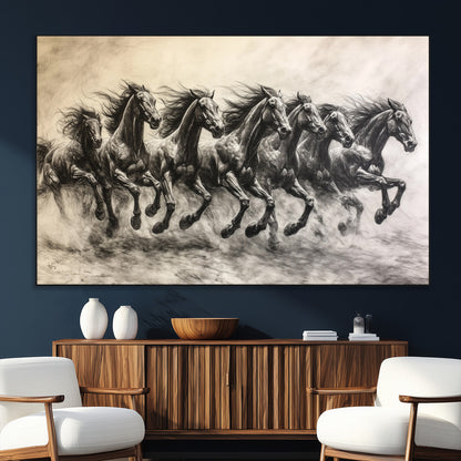 Monochrome drawing of a herd of galloping horses, perfect for dynamic and wild-themed decor in any equestrian or nature-inspired room.