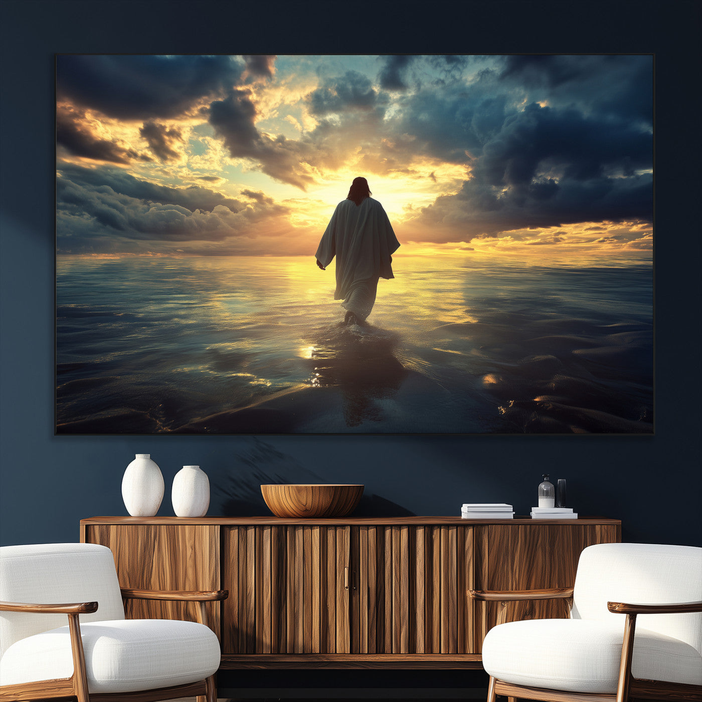 Spiritual artwork of Jesus walking on water at golden hour with divine light, ideal for Christian home decor or prayer room.
