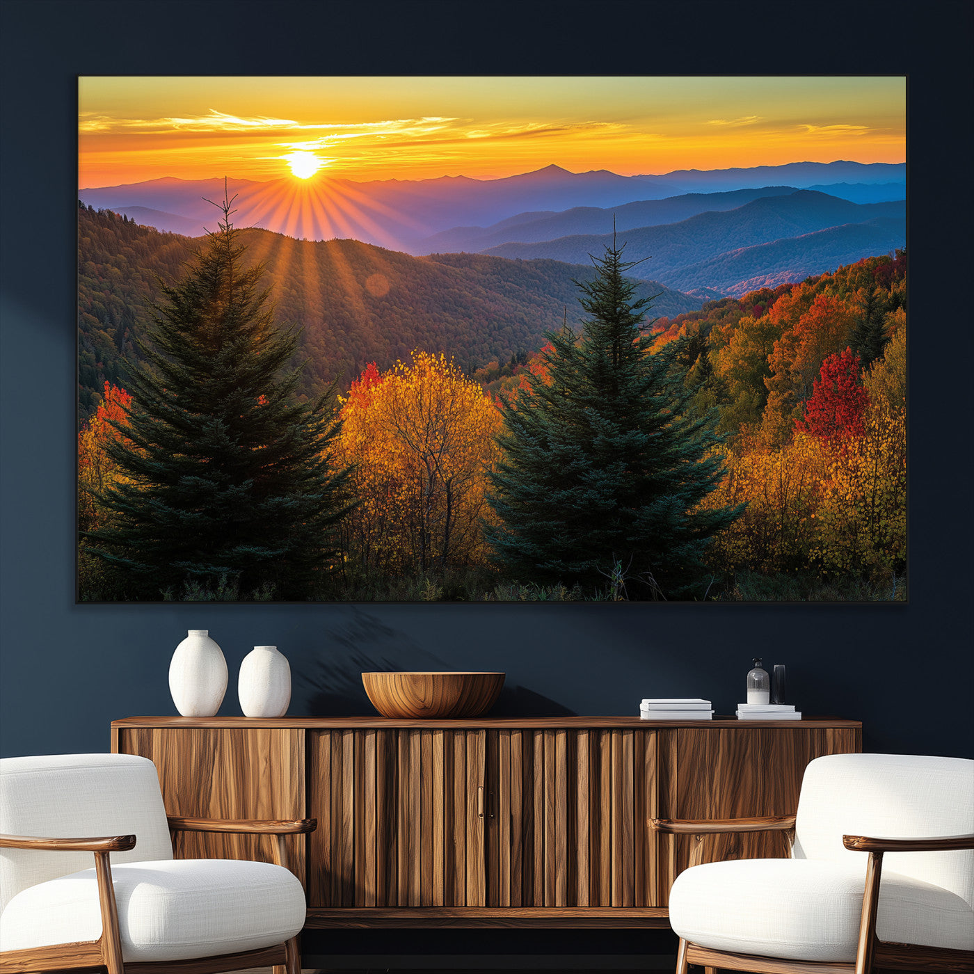 Vibrant sunset over autumn mountains with colorful trees and warm light, ideal for nature lovers or cabin-style wall decor.