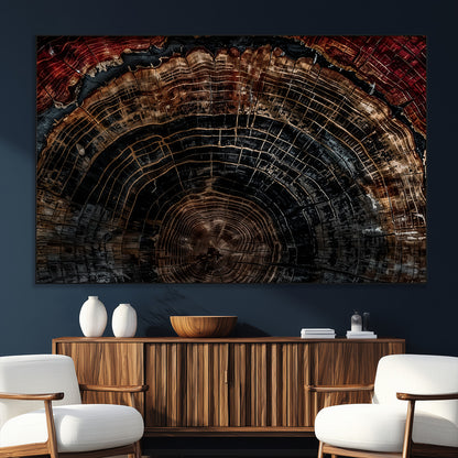 Dark Wood Wall Art Print - Petrified Tree Canvas Print, featuring an intricate tree ring pattern with deep earthy tones and organic textures, perfect for rustic and nature-inspired decor.