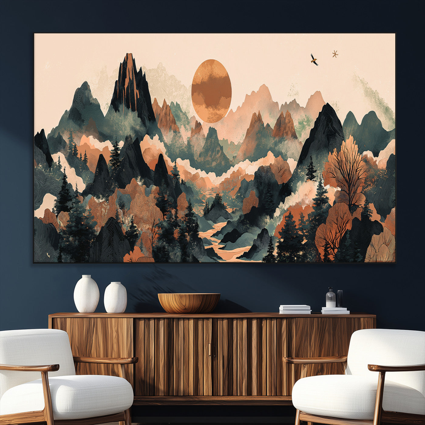 Mountain Landscape Wall Art Print - Sunset Hills Canvas Print, featuring an abstract nature scene with earthy tones and misty peaks, perfect for boho and modern decor.