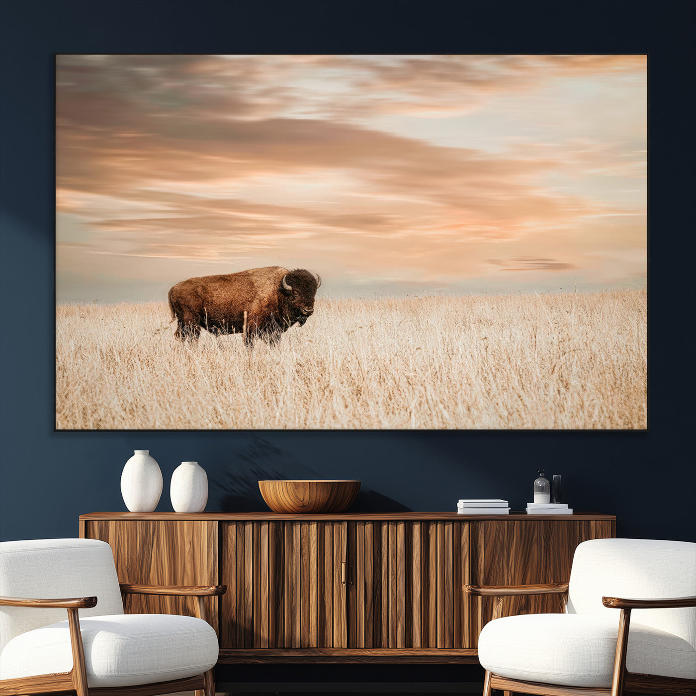 Bison Wall Art Print - Buffalo Canvas Print, featuring a lone bison in a golden prairie under a warm sunset sky, perfect for rustic and farmhouse decor.