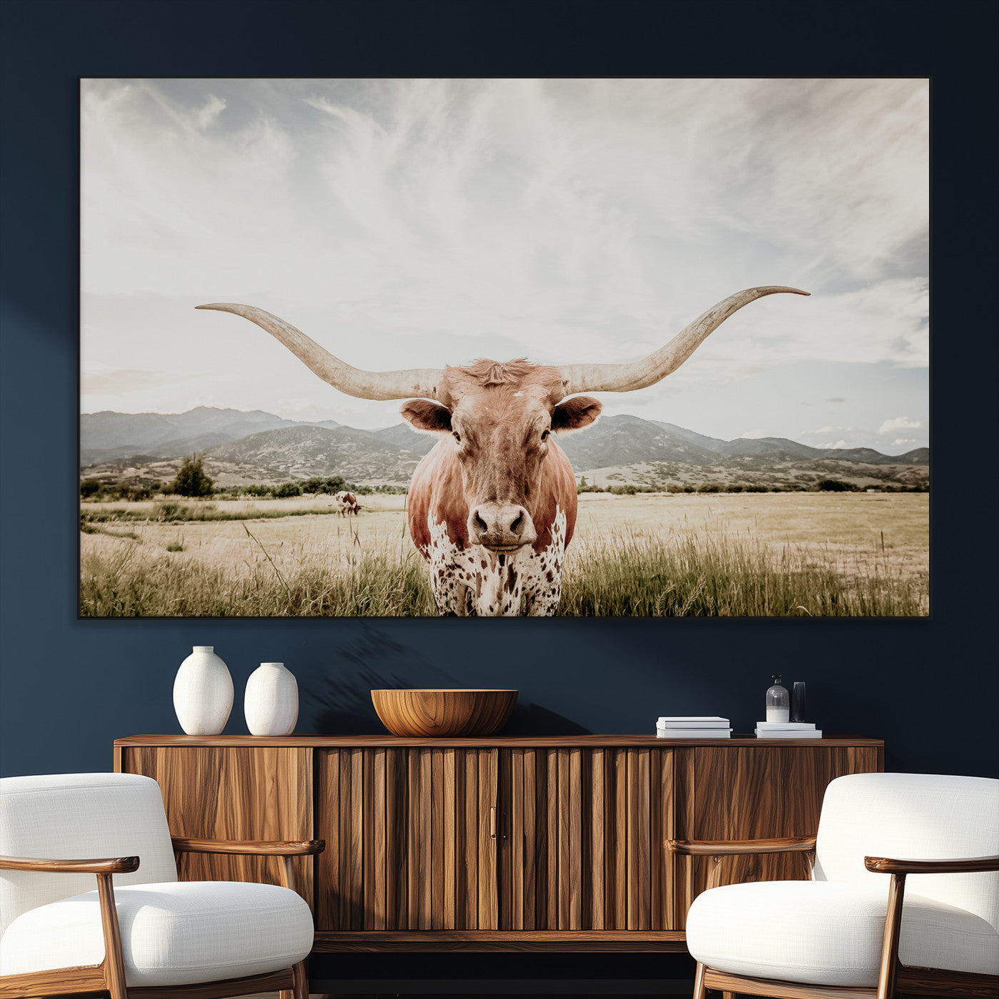 Longhorn Wall Art Print - Western Cow Canvas Print, featuring a majestic Texas longhorn in a rustic prairie setting, perfect for farmhouse and western decor.