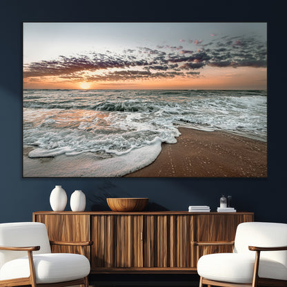 Ocean Sunset Wall Art Print - Beach Waves Canvas Print, featuring a serene seascape with golden sunlight reflecting on gentle waves, perfect for coastal and minimalist decor.