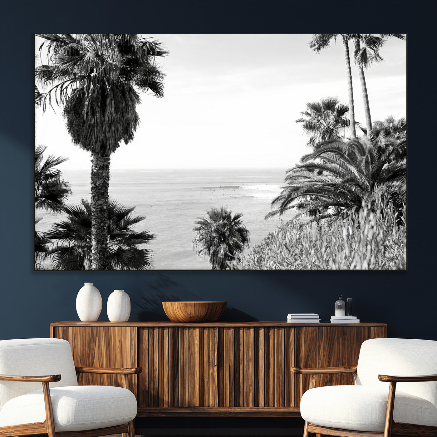 Monochrome canvas of palm trees framing a coastal surf scene, perfect for California-inspired or retro black-and-white beach decor.