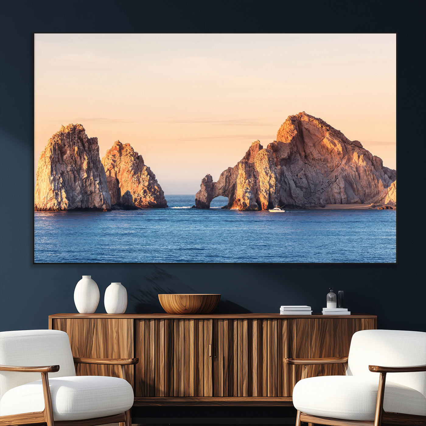 Framed canvas of El Arco rock formation in Cabo San Lucas at golden hour, ideal for coastal landmark or ocean-inspired decor.