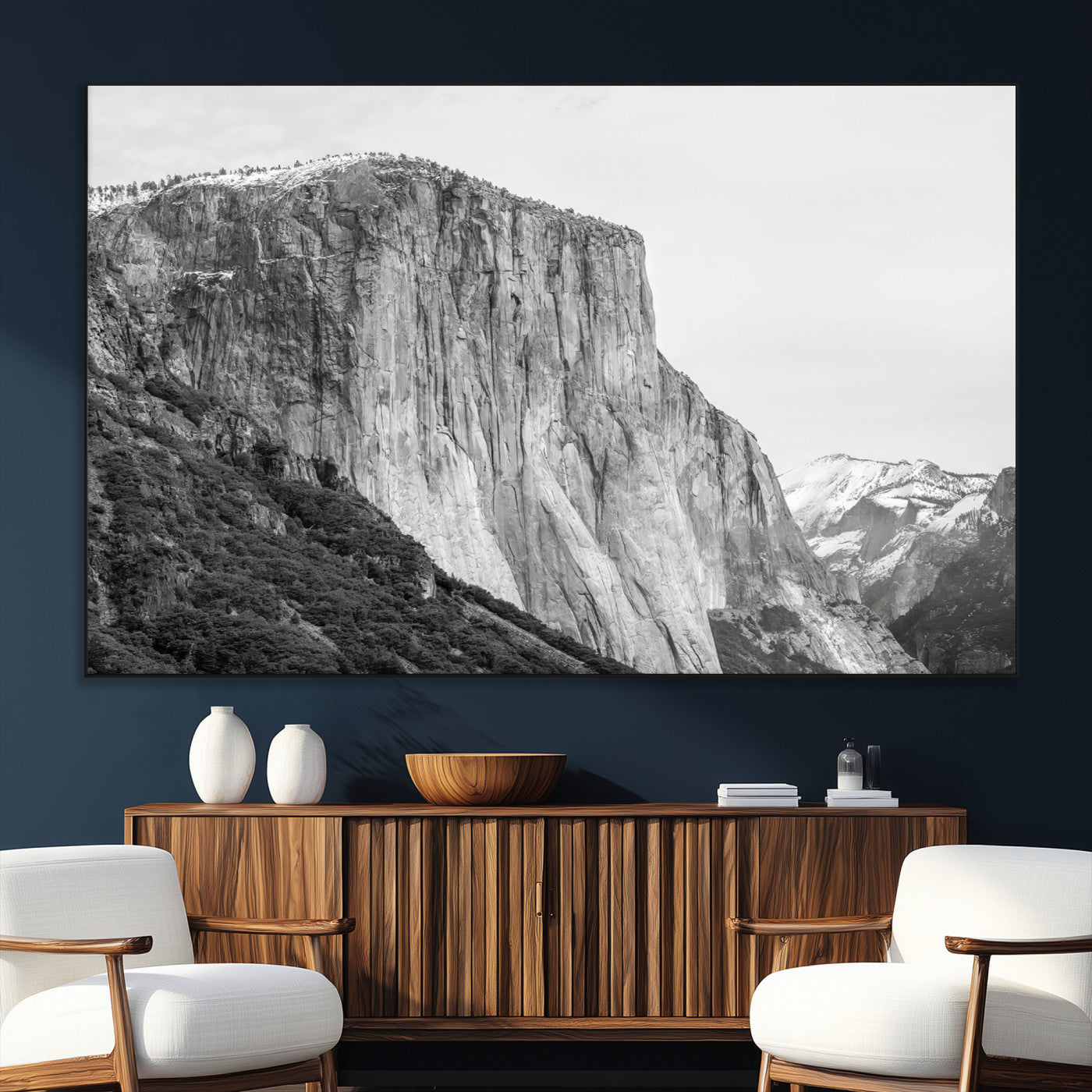 Monochrome canvas of El Capitan’s granite wall in Yosemite with snowy peaks, ideal for dramatic mountain or black-and-white nature decor.