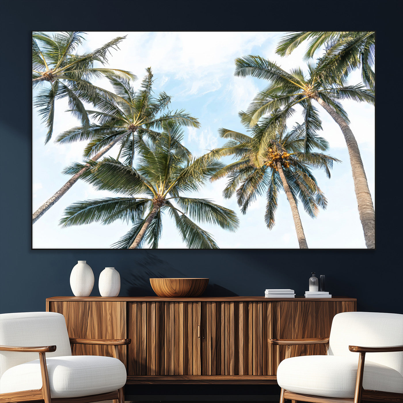 Framed canvas of tall palm trees reaching into a tropical sky, ideal for beach home or relaxed island-inspired wall decor.
