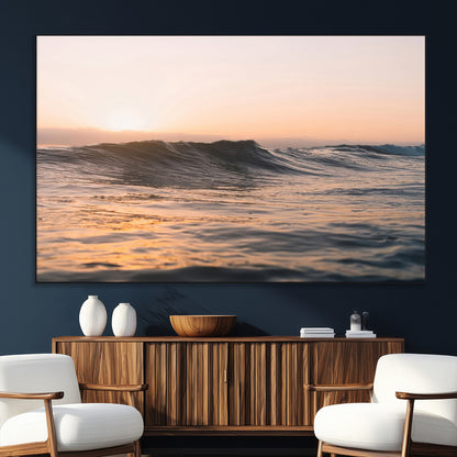 Framed canvas of ocean waves glowing in sunset light, ideal for golden hour calm or peaceful coastal-inspired wall decor.