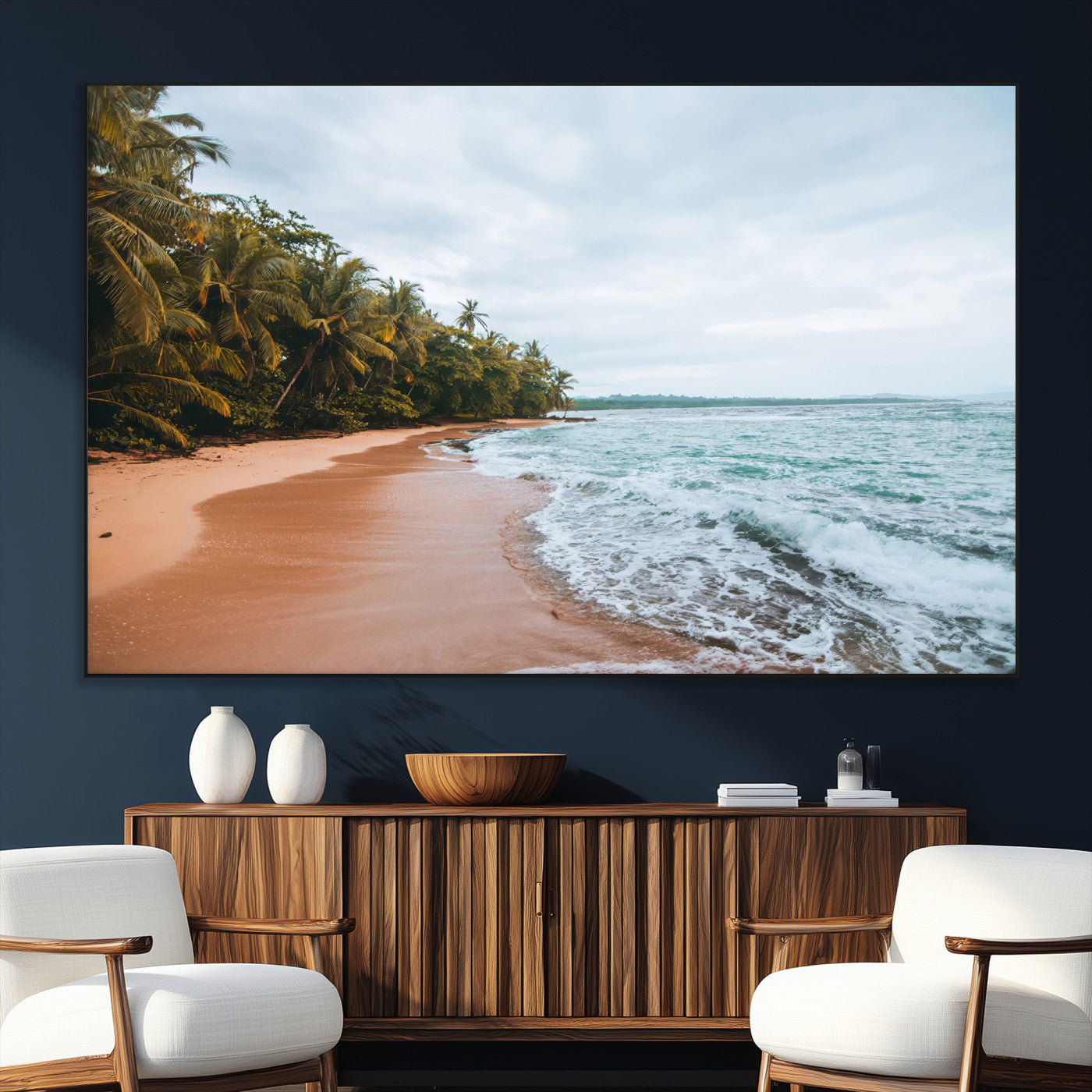 Framed canvas of a tropical beach with palm trees and soft waves, ideal for coastal escape or serene nature-inspired home decor.