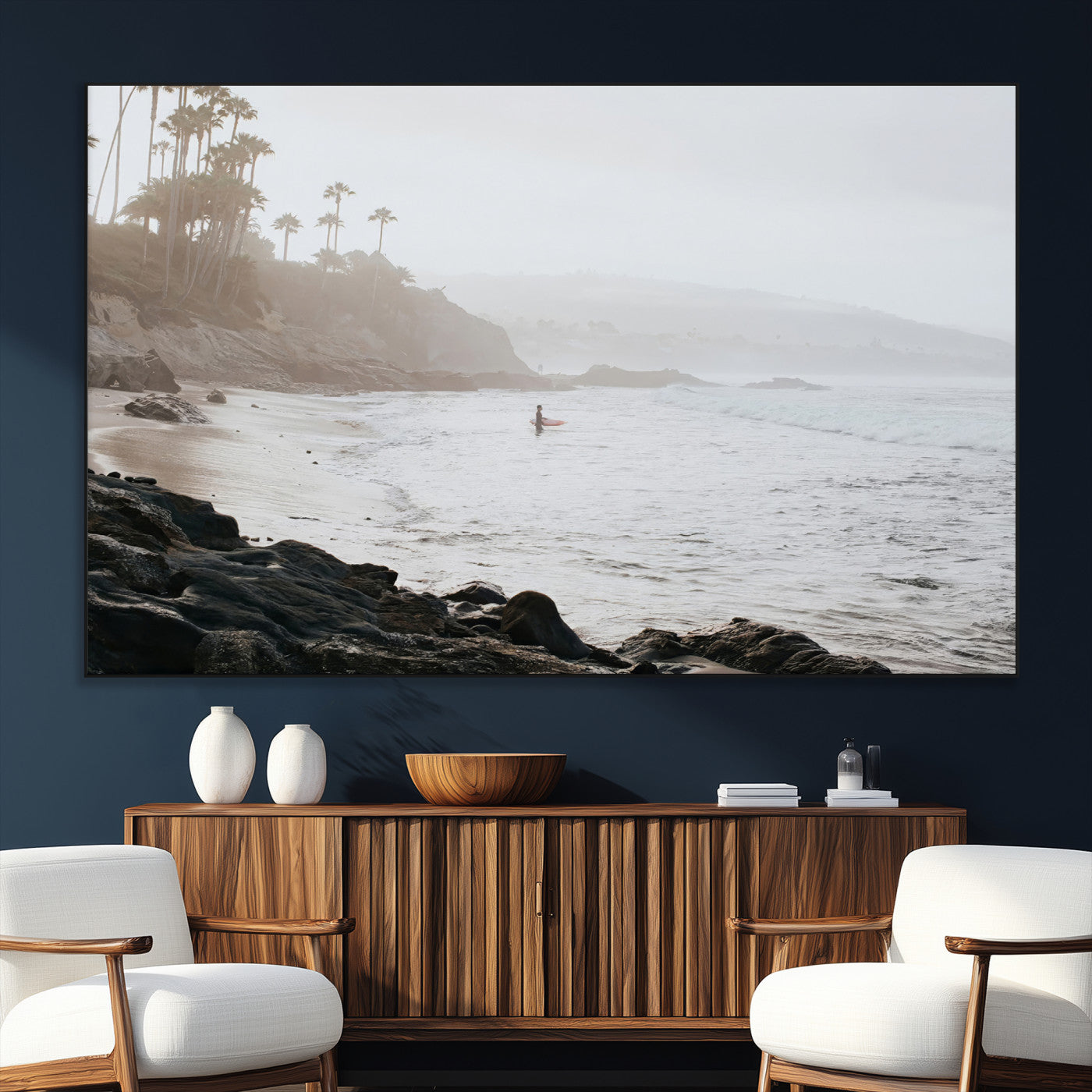 Framed canvas of a surfer in misty coastal tones at a foggy California beach, ideal for minimalist coastal beach or serene ocean-themed decor.