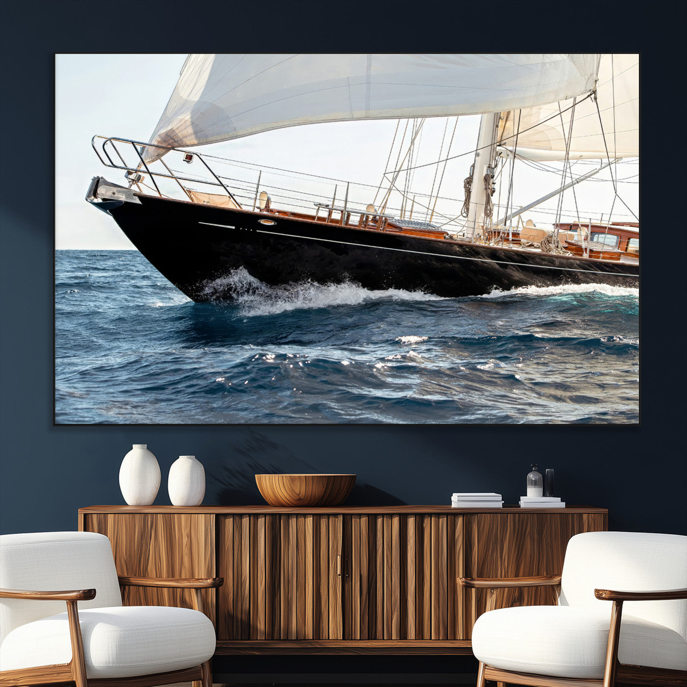 Close-up of a classic sailing yacht with wooden deck and full sails, perfect for nautical or coastal-style decor in ocean-themed spaces.