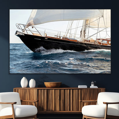 Close-up of a classic sailing yacht with wooden deck and full sails, perfect for nautical or coastal-style decor in ocean-themed spaces.