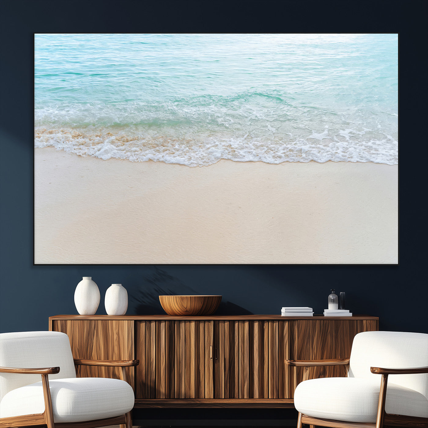 Soft shoreline with gentle aqua waves on smooth sand, ideal for minimalist coastal or pastel ocean-inspired home wall decor.