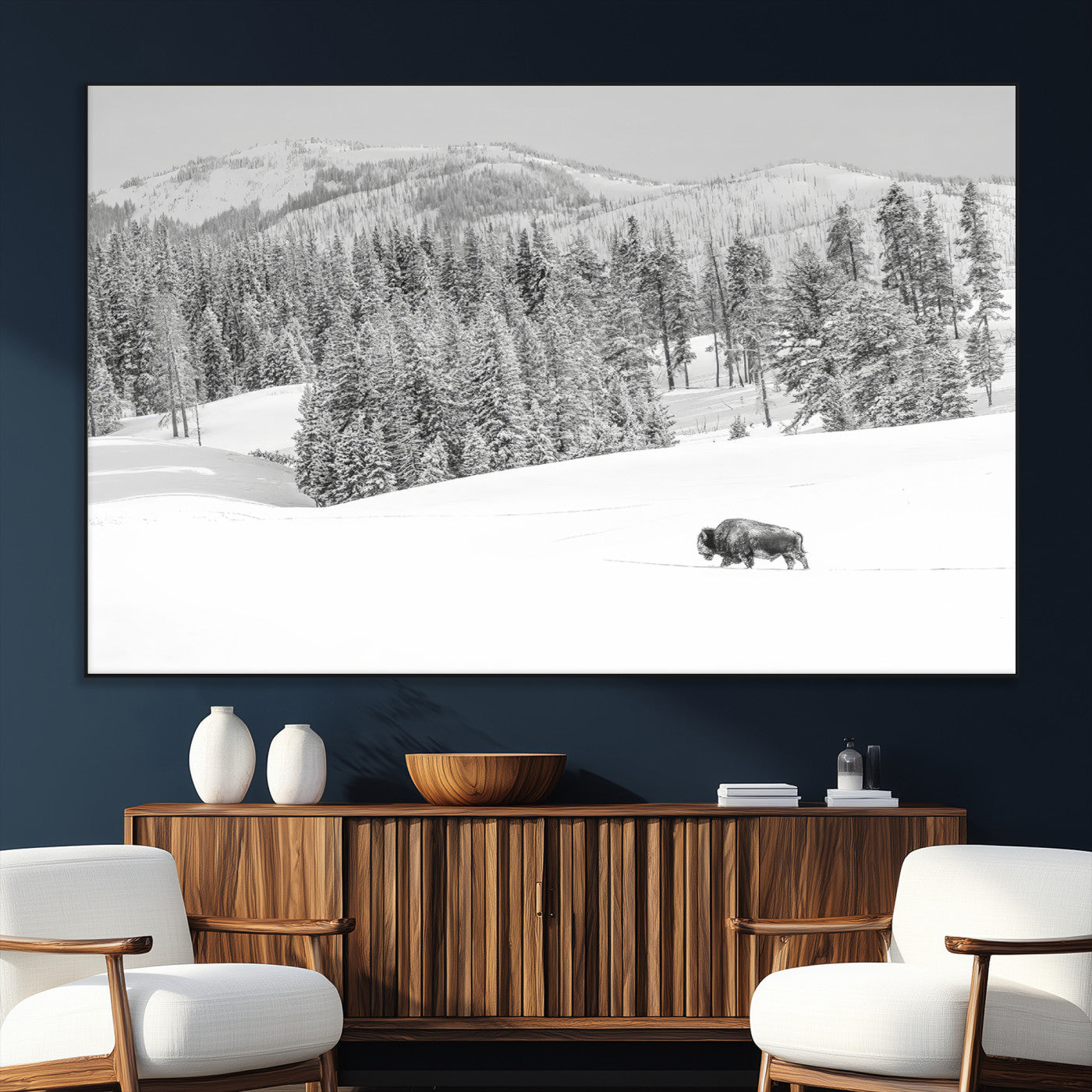 Snowy bison walking through white forest landscape, ideal for monochrome winter or wilderness-style interior wall decoration.