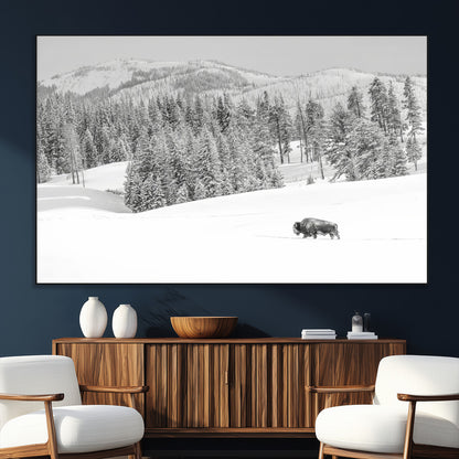 Snowy bison walking through white forest landscape, ideal for monochrome winter or wilderness-style interior wall decoration.